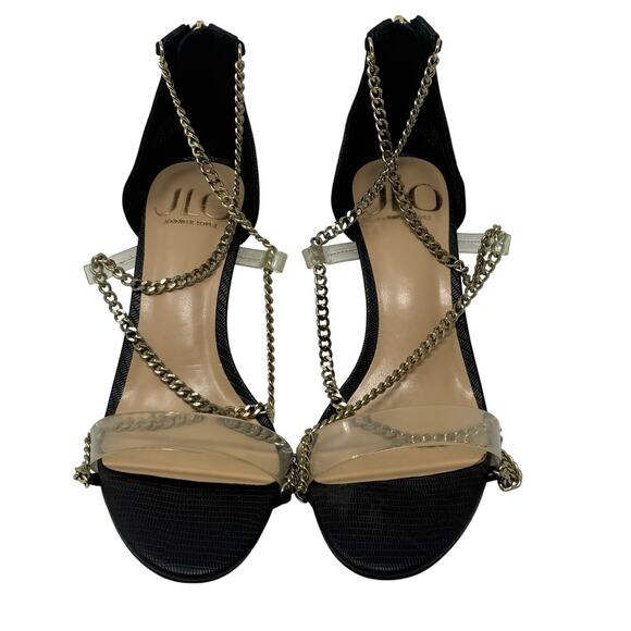 JLO Jennifer Lopez Debbye Black Gold Chain Clear Strap Heels Women’s 6 - Picture 3 of 9